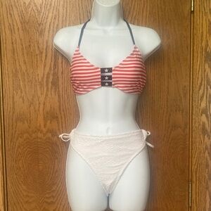 Striped Red and White Bikini Set with Crochet Bottoms